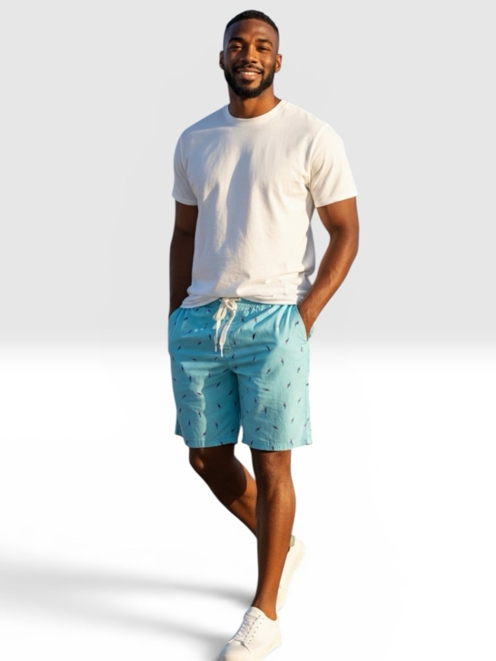 George Men’s Size L Bermuda Shorts Solid Light Blue with Birds Print